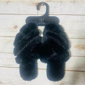 INC Black Faux Fur Slippers size L 9/10 M